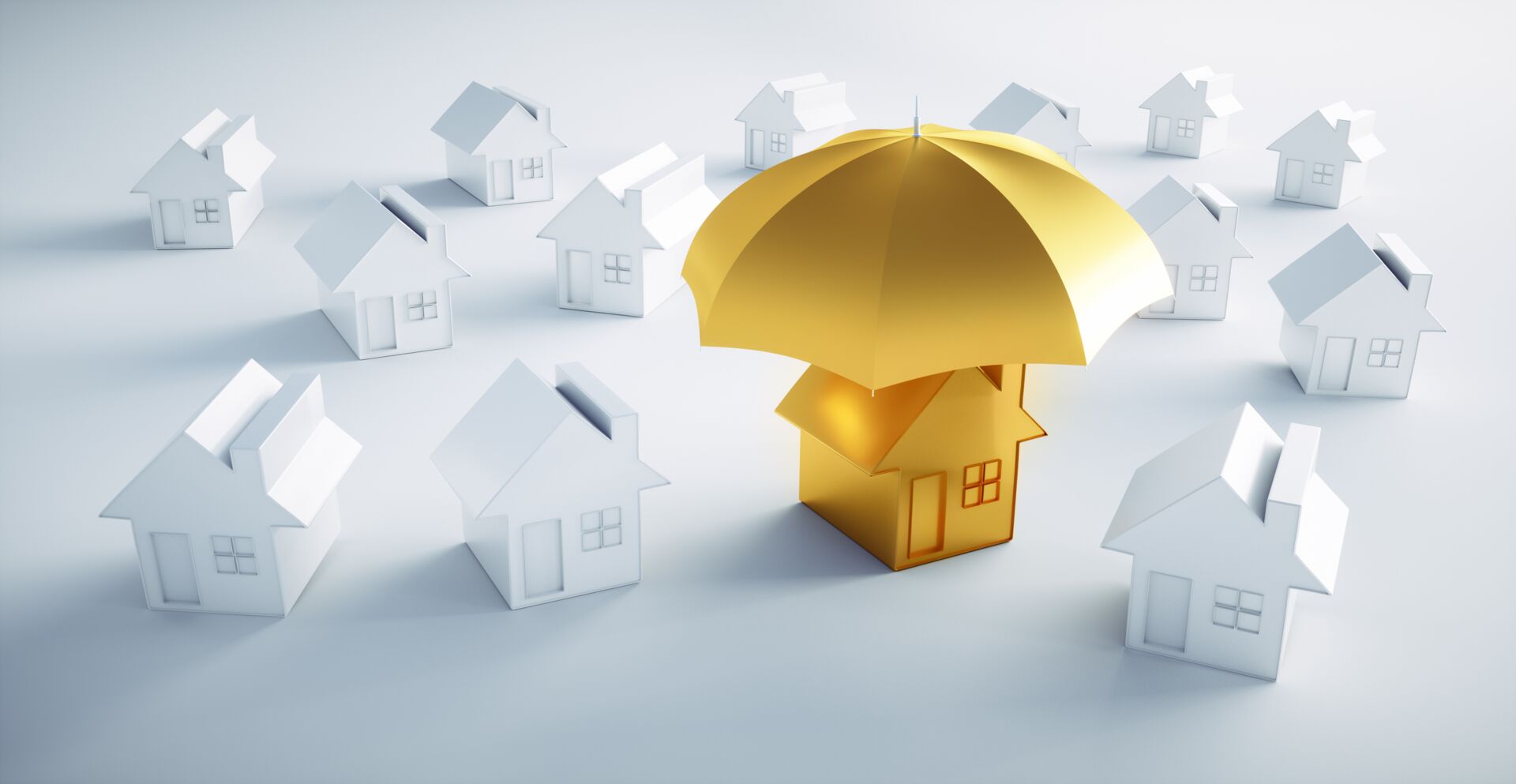 Goldenes Haus unter goldenem Schirm, umgeben von weißen Häusern. Symbol für umfassenden Versicherungsschutz durch Hauschulz Immobilien Service.