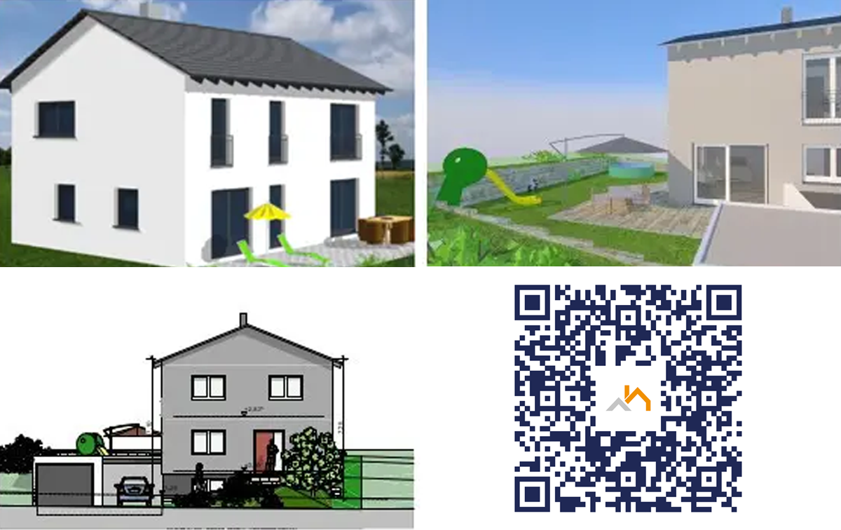 Collage: 3D-Hausansicht, Gartenplanung, Bauzeichnung, QR-Code für Hauschulz Immobilien Service – Ihr Baupartner.